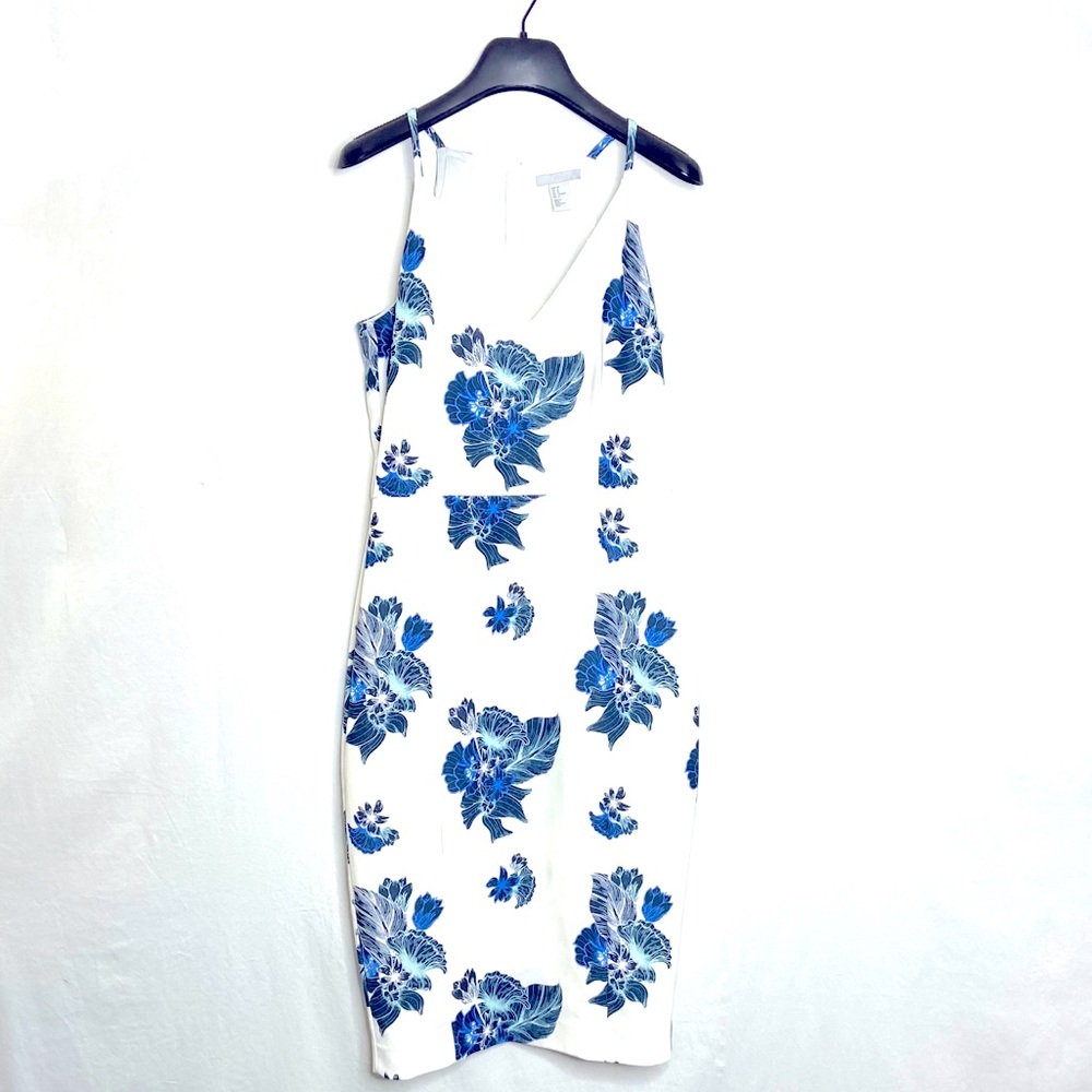 H&M White & Blue Floral T Length Dress